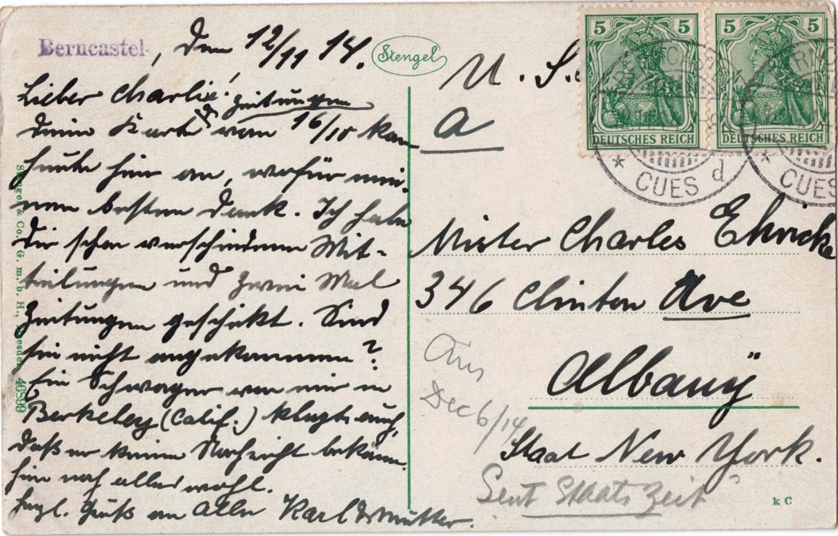 Postkarte von Bernkastel nach Albany/New York 1914