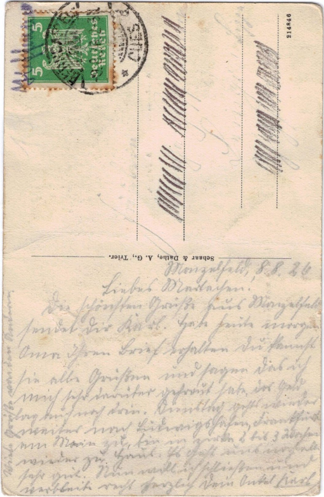 Postkarte aus Monzelfeld 1926 (hinten)